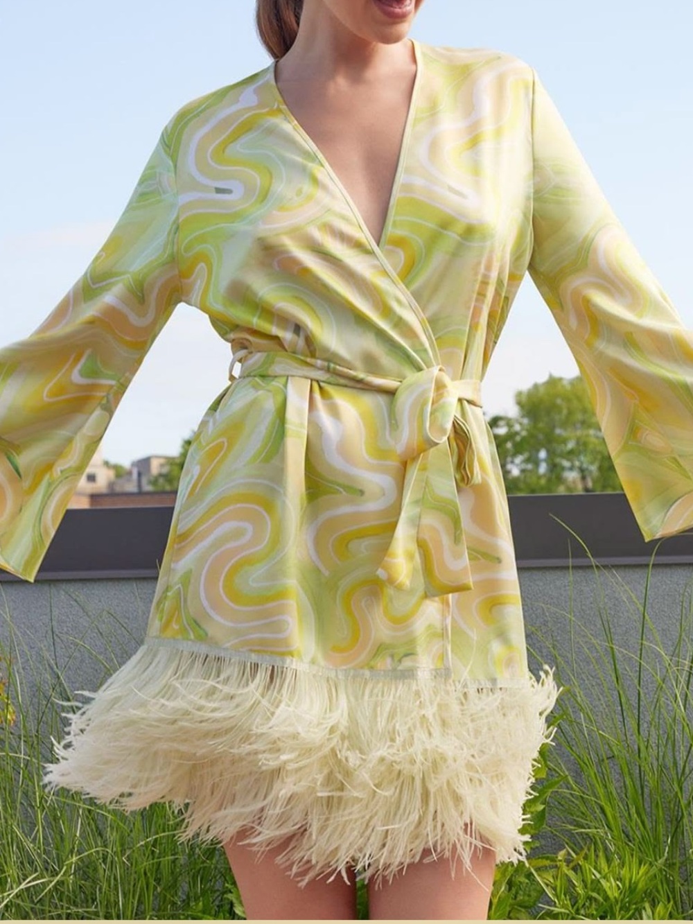 Yellow Swirl Wrap Mini Dress with Feather Trim-Worn once!